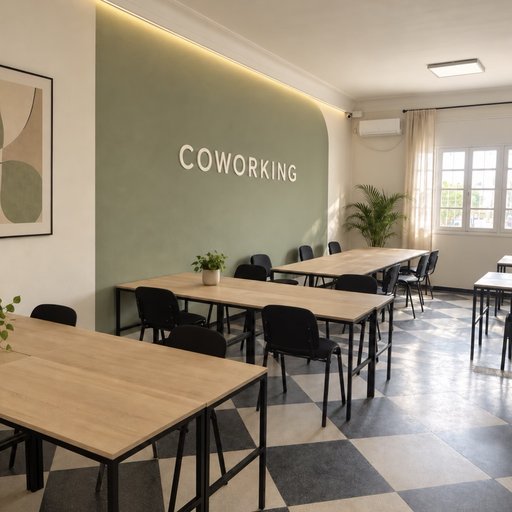 Espace de coworking Octatis à Meknès : open space lumineux, tables en bois clair et mur vert sauge